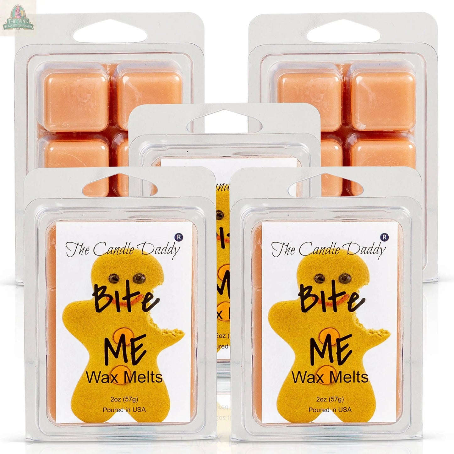 A single clamshell pack of Bite Me - Funny Christmas Gingerbread Cookie Scented Wax Melts is shown, featuring a gingerbread figure—perfect for those who love maximum-scented gingerbread cookie wax melts.