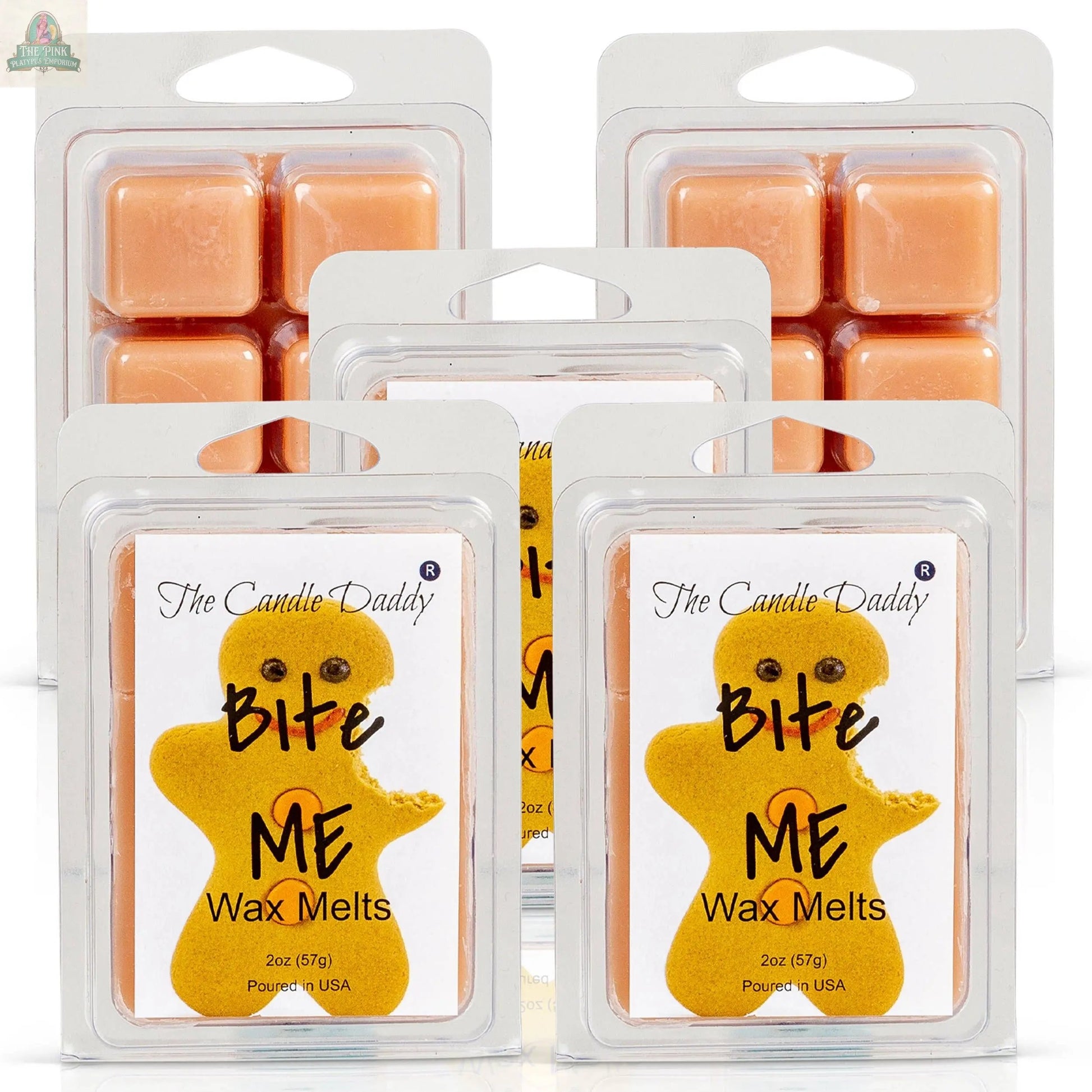 A single clamshell pack of Bite Me - Funny Christmas Gingerbread Cookie Scented Wax Melts is shown, featuring a gingerbread figure—perfect for those who love maximum-scented gingerbread cookie wax melts.