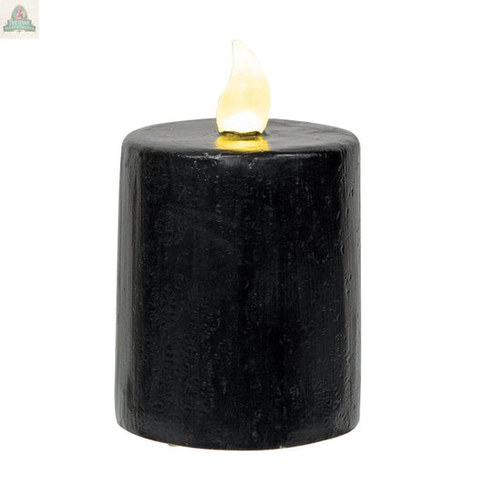 The Black Gloss Pillar Candle, 2.5" x 4", features a small yellow flame and a sleek design against a white background—an eye-catching accent for modern home decor.