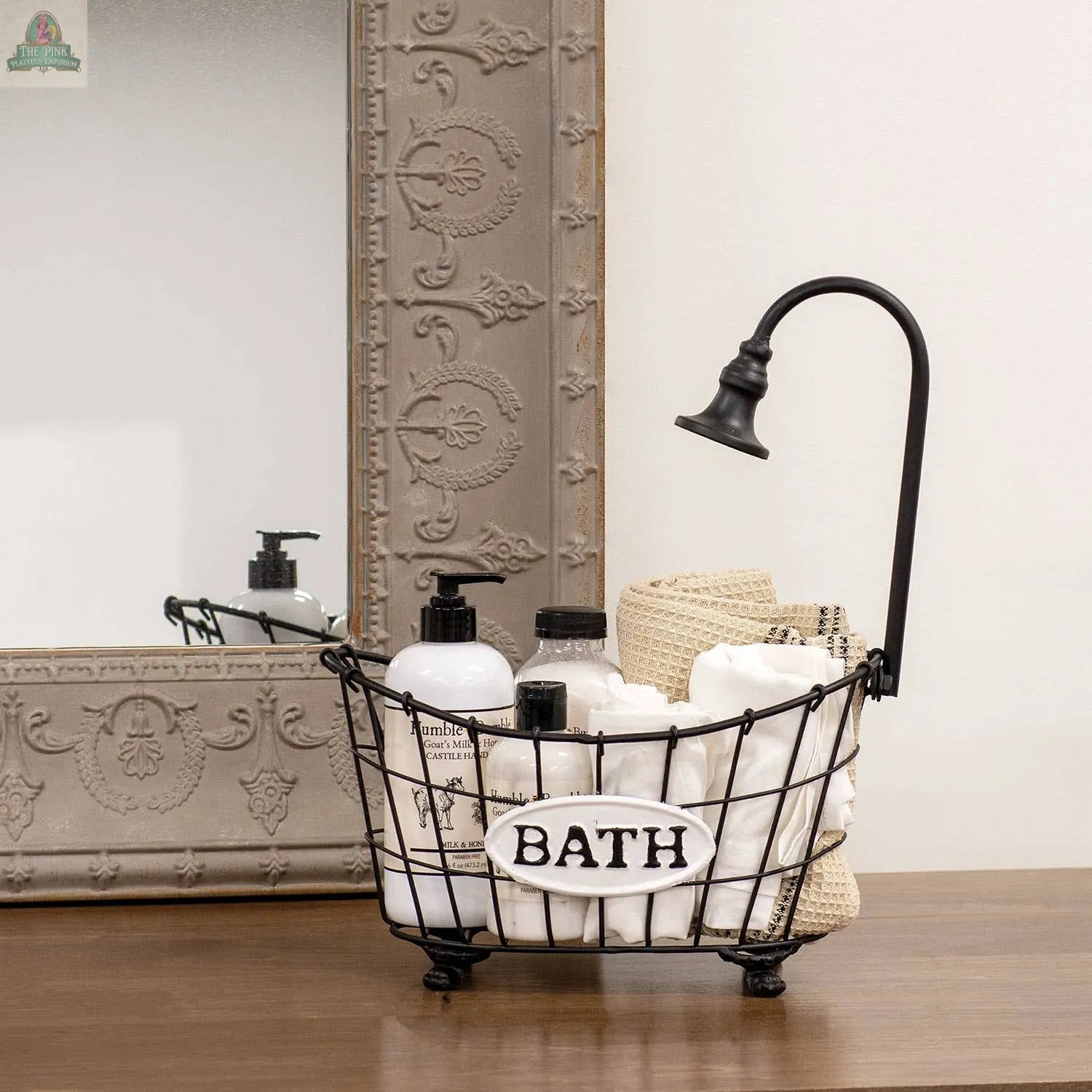 Black Metal Bathtub & Shower Head Basket Pink Platypus Emporium