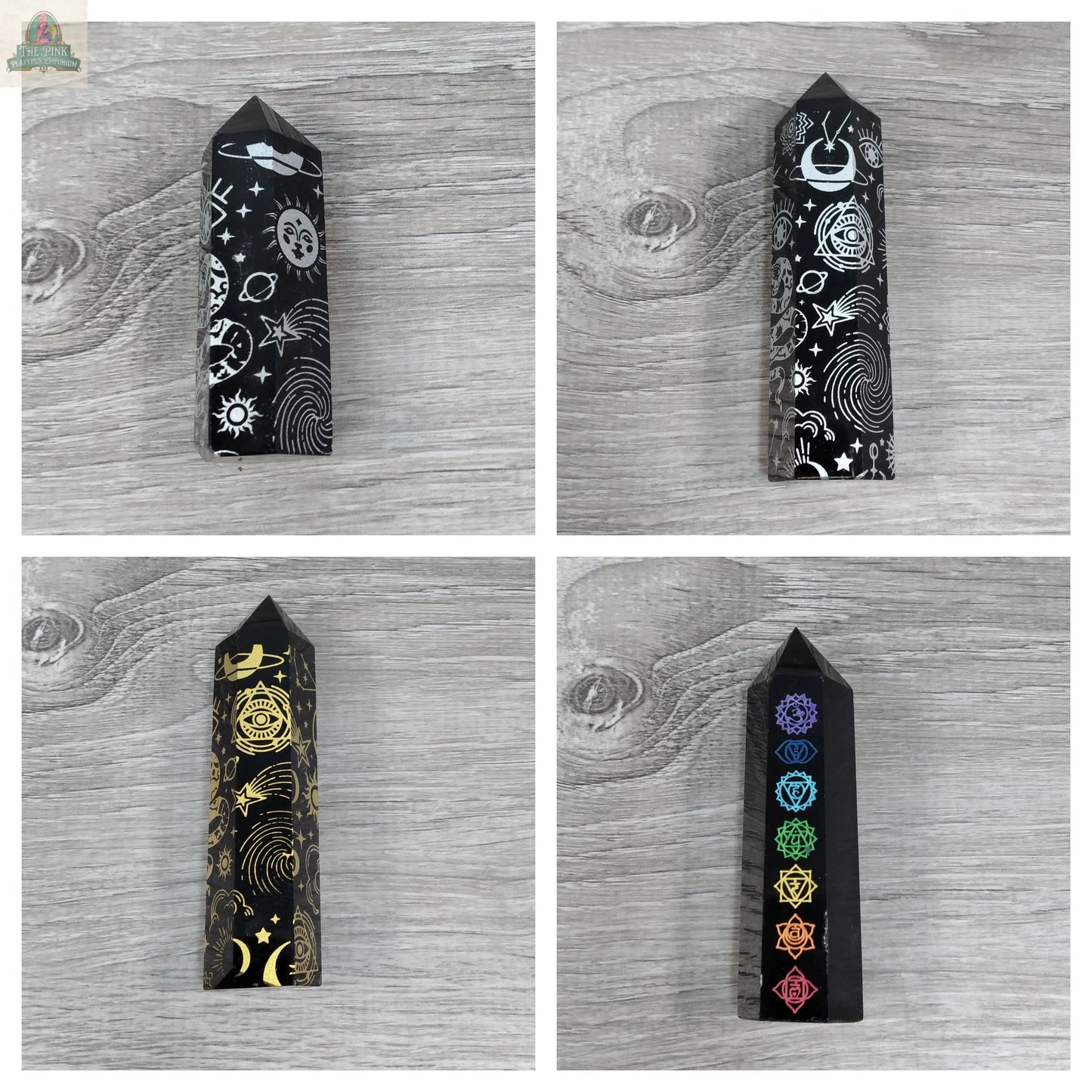 Four Keystone Crystals Black Obsidian Chakra Obelisks from Pink Platypus Emporium, each etched with moons, stars, gold symbols, and vibrant chakra designs, are displayed in a 2x2 grid for energy protection and chakra alignment.
