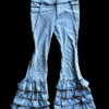 Flared leggings with a blue and white polka dot pattern on a black background