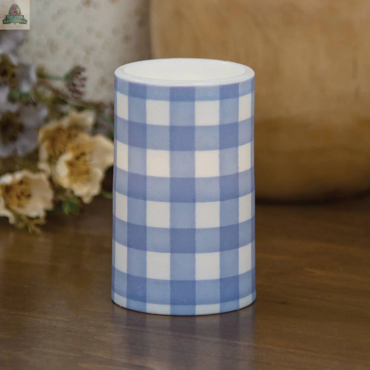 Blue Gingham Check Timer Pillar, 3"x5" Col House Designs