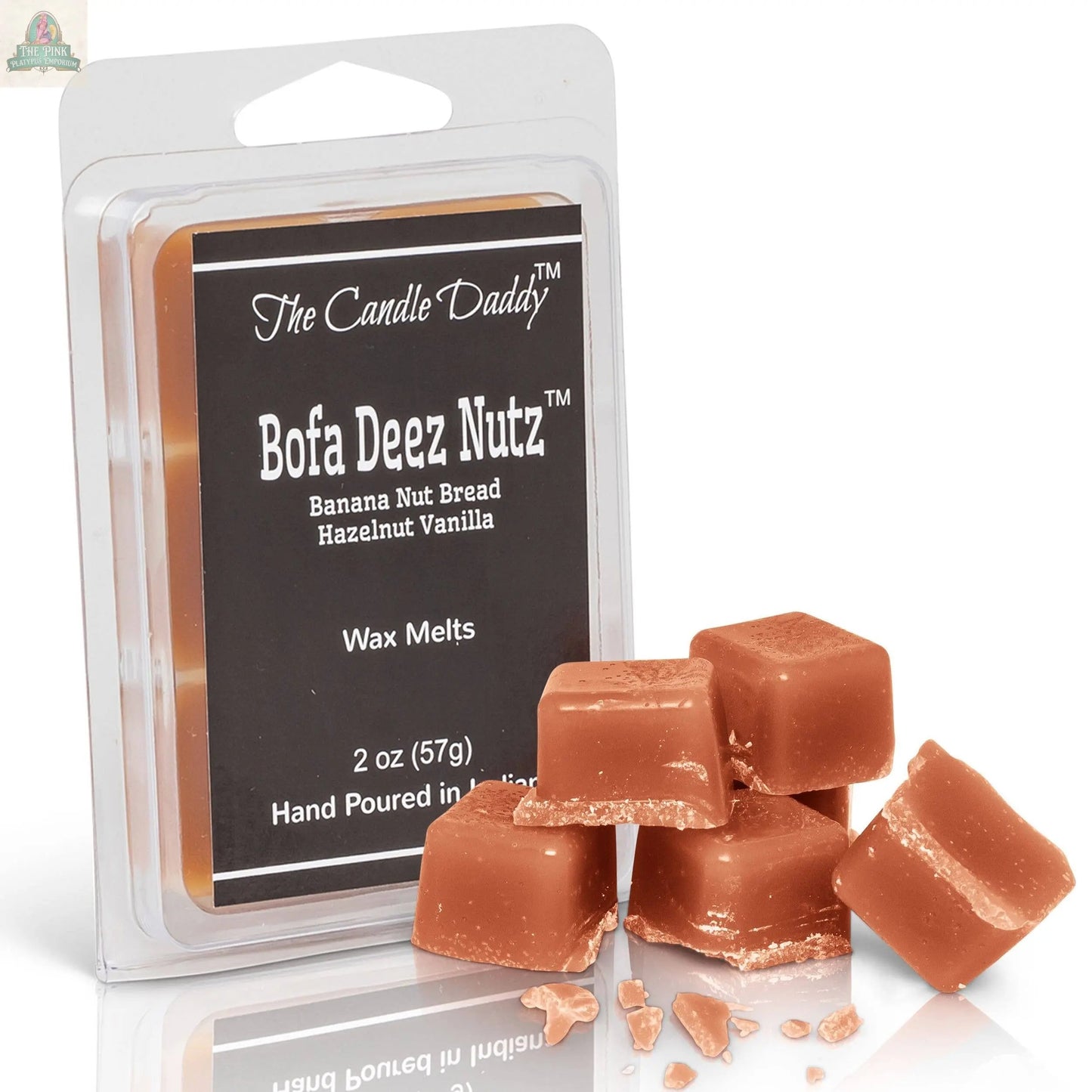 A pack of “Bofa Deez Nutz Wax Melts - Banana Nut Bread” features tan wax melts with a banana nut bread scent displayed in front of the package.