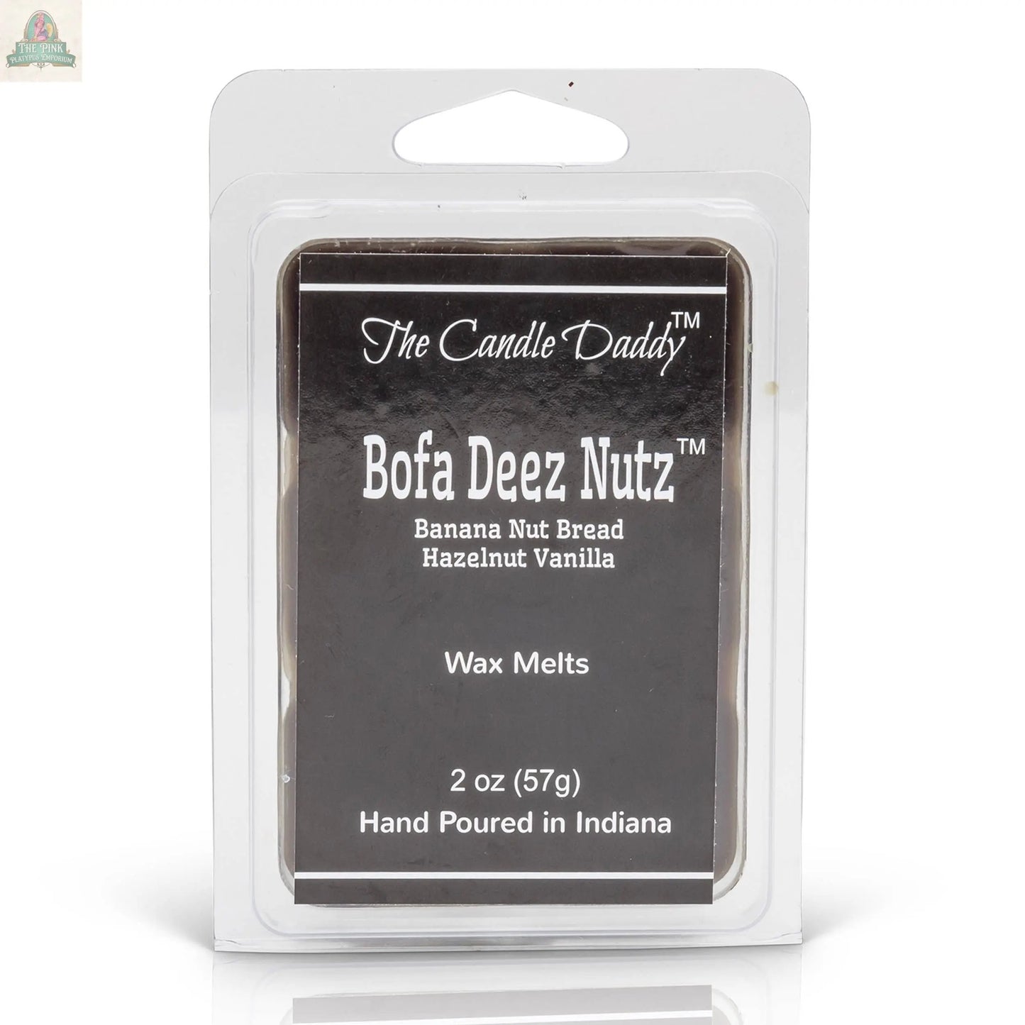 A 2 oz (57g) pack of The Candle Daddy's Bofa Deez Nutz Wax Melts in Banana Nut Bread, hand-poured in Indiana with hazelnut and vanilla scents.