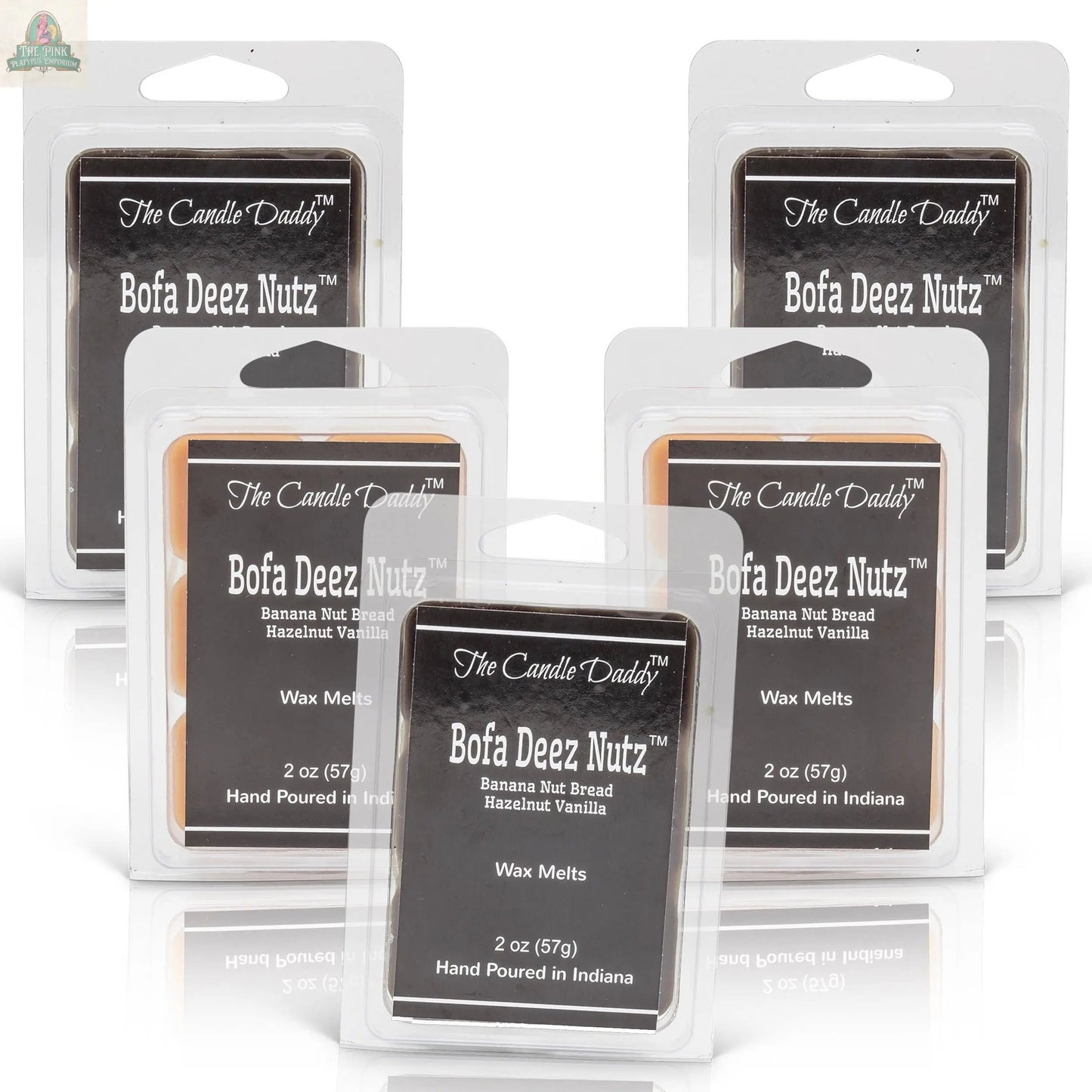 A pack of Bofa Deez Nutz Wax Melts - Banana Nut Bread by The Candle Daddy features hand-poured wax melts in clear packaging with black labels, offering the rich scent of banana nut bread, hazelnut, and vanilla.