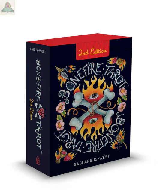 A box of Bonefire Tarot, 2nd Edition by REDFeather showcases hand-painted cards with bold artwork of flames, bones, an eye, and flowers. Artist Gabi Angus-West’s name appears at the bottom.