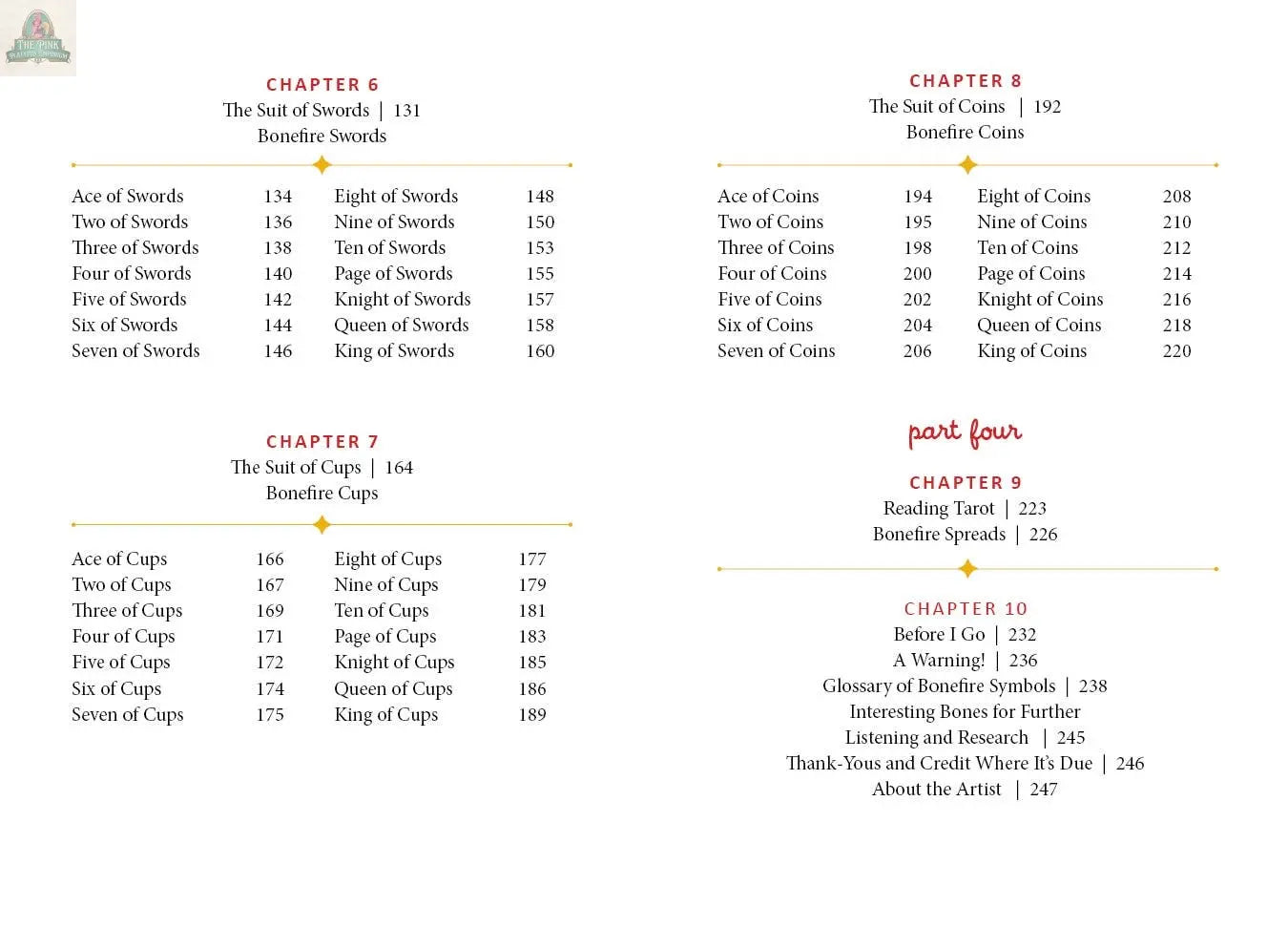 A table of contents page from the Bonefire Tarot, 2nd Edition by REDFeather lists chapters 6–10, covering the suits of Swords, Cups, Coins, reading tools, and showcasing Bonefire's hand-painted tarot cards with chapter titles and page numbers.