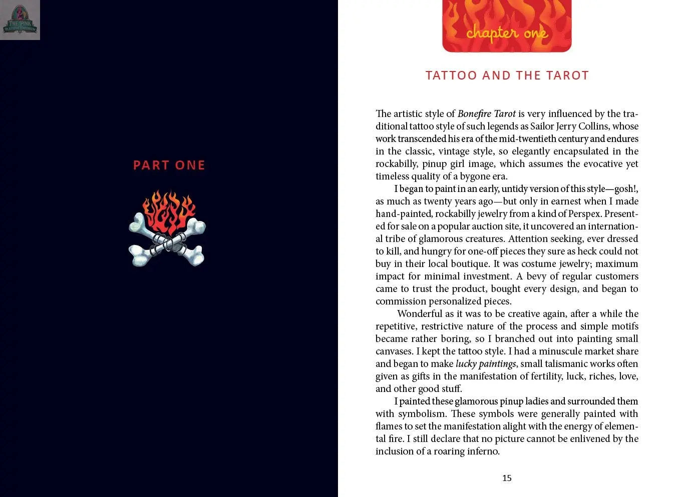 The image shows an open Bonefire Tarot, 2nd Edition book by REDFeather. The left page features a flaming heart and "PART ONE"; the right discusses its hand-painted Tarot cards and unique style.