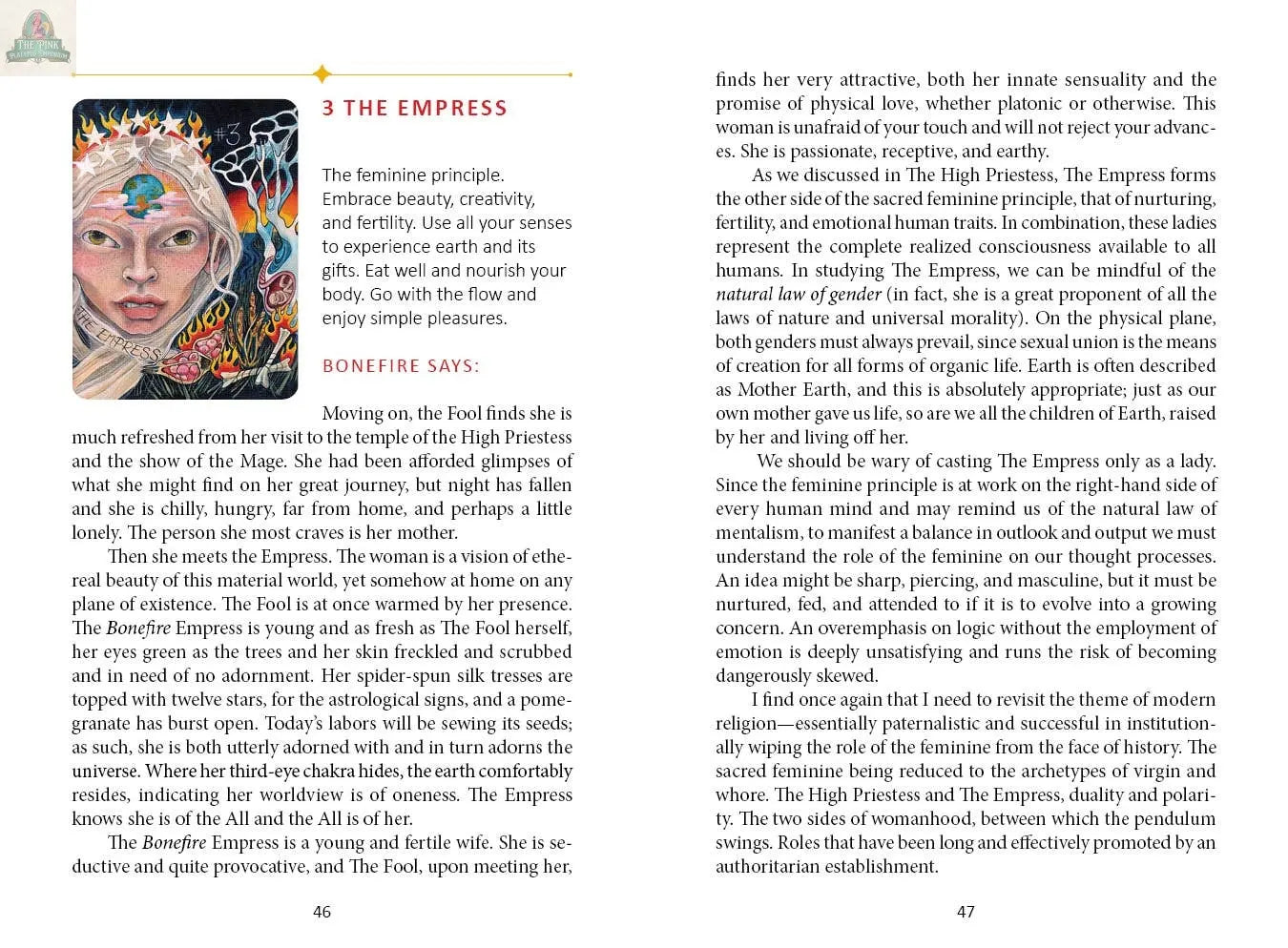 The Bonefire Tarot, 2nd Edition by REDFeather features The Empress card, depicting a serene crowned woman amid nature. The page offers hand-painted art, descriptive text, and interpretations of this tarot card’s meaning.