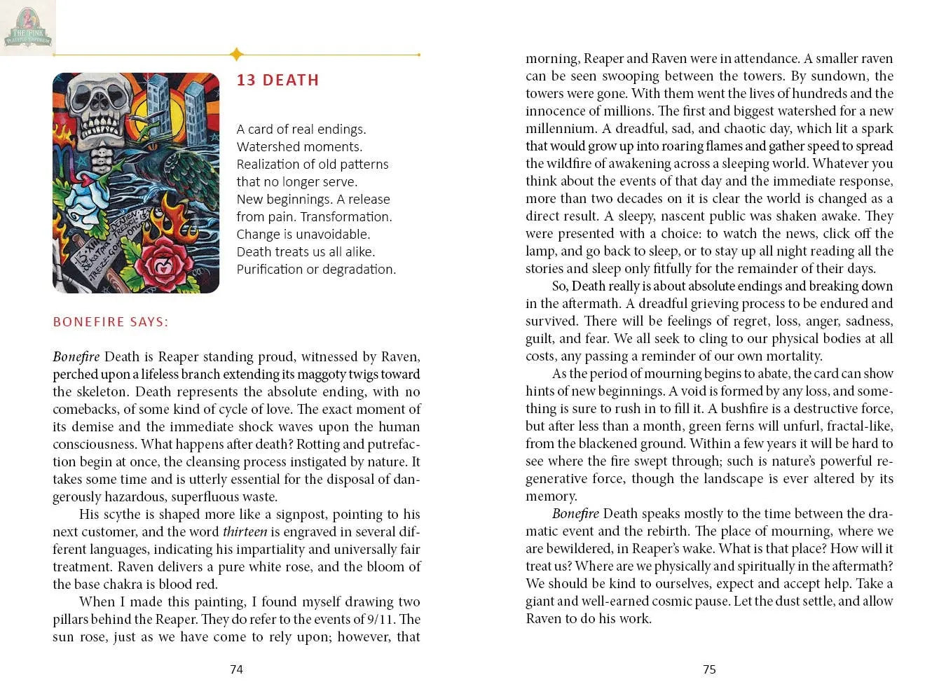 The Bonefire Tarot, 2nd Edition by REDFeather features an illustrated Death card with a white skull and flowers above a village; the included book explores its meaning and themes of transformation.