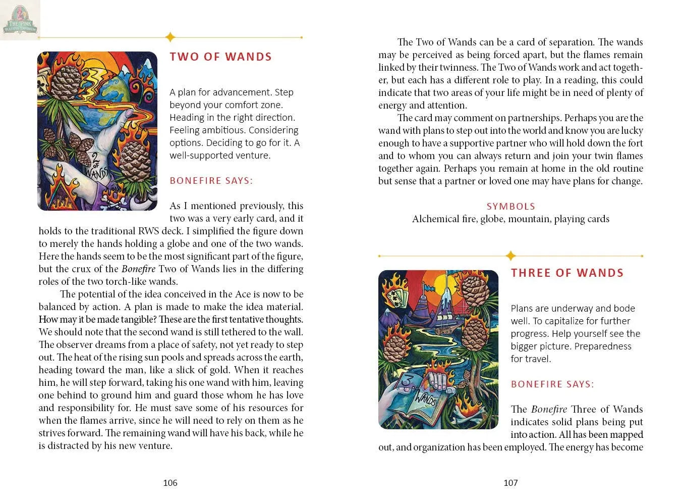 Two vibrant cards from the Bonefire Tarot, 2nd Edition by REDFeather, rest on a textured background: the Two of Wands features a figure with globe and wand, while the Ace of Wands displays a flaming wand amid vivid patterns.