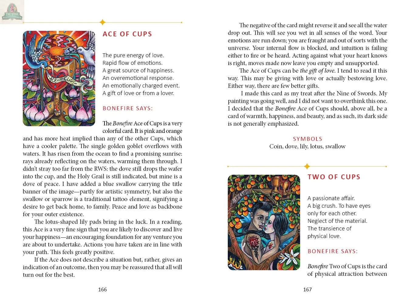 A page from the Bonefire Tarot, 2nd Edition by REDFeather displays hand-painted Ace of Cups and Two of Cups cards with vibrant art, card meanings, symbols, and detailed interpretations in black text on a white background.