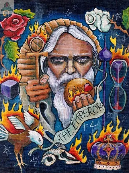 A mystical drawing from the Bonefire Tarot, 2nd Edition by REDFeather, depicts an elderly man with white hair and beard holding an ankh and flaming orb amid symbols like a rose, bird, and skull. A banner reads The Emperor #4.