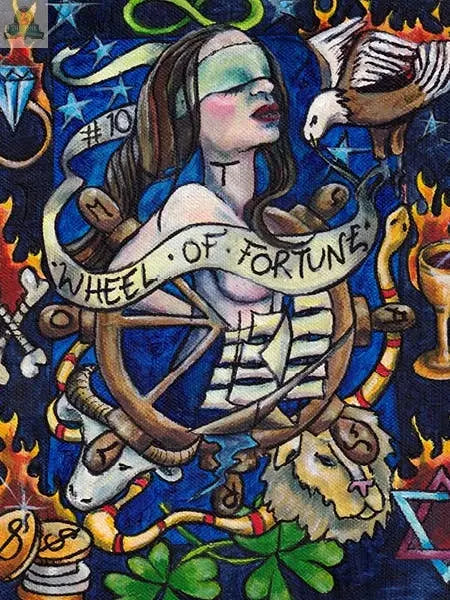 Colorful tarot-style illustration from the Bonefire Tarot, 2nd Edition by REDFeather, featuring a blindfolded woman with the Wheel of Fortune, surrounded by a lion, bull, snake, eagle, clover, flame, and goblet.