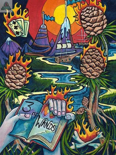 Vivid, surreal art from REDFeather’s Bonefire Tarot, 2nd Edition shows a hand with the open “3 of Wands” card, surrounded by painted Tarot cards, burning pinecones on trees, mountains, river, ship, and sunset backdrop.