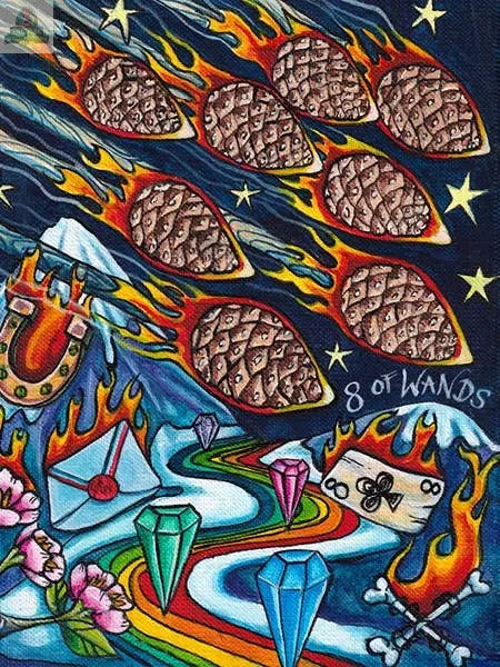Eight flaming pinecones streak across a starry sky in a vivid scene from the hand-painted Bonefire Tarot, 2nd Edition by REDFeather. The card reads "8 of Wands" and features a rainbow path, flowers, gems, and other surreal elements.