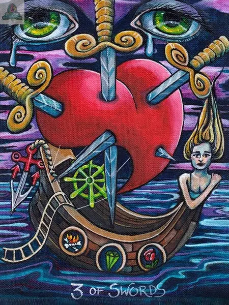 A tarot card from the hand-painted Bonefire Tarot, 2nd Edition by REDFeather depicts a heart pierced by three swords atop a heart-shaped boat with a female figurehead, stormy seas, and weeping eyes in a purple sky.