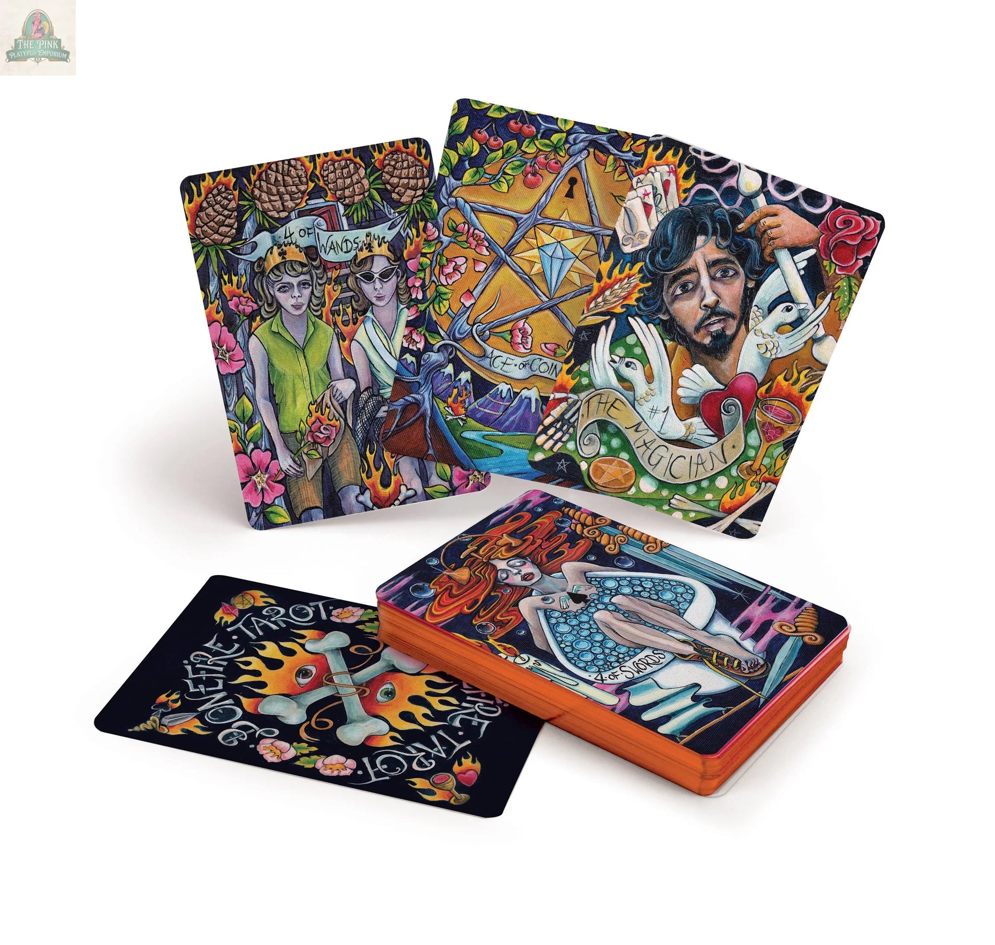 The Bonefire Tarot, 2nd Edition by REDFeather features hand-painted, vibrant and detailed Tarot cards. Some cards are upright with figures and symbols, while others are stacked or face-down, set on a white background.