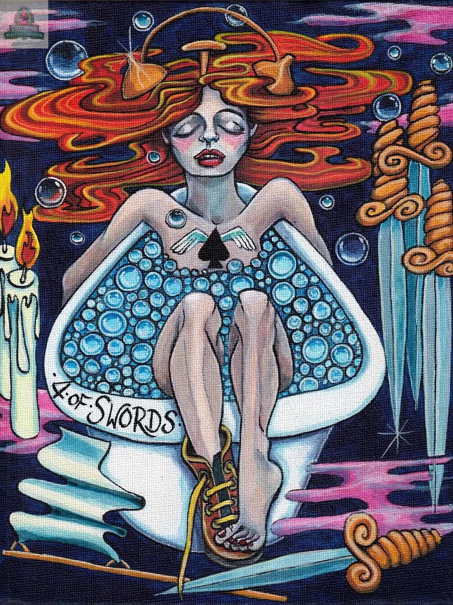 A woman with flowing red hair relaxes in a bubble-filled tub as four swords surround her and candles flicker nearby. This hand-painted 4 of Swords card is from the Bonefire Tarot, 2nd Edition by REDFeather.