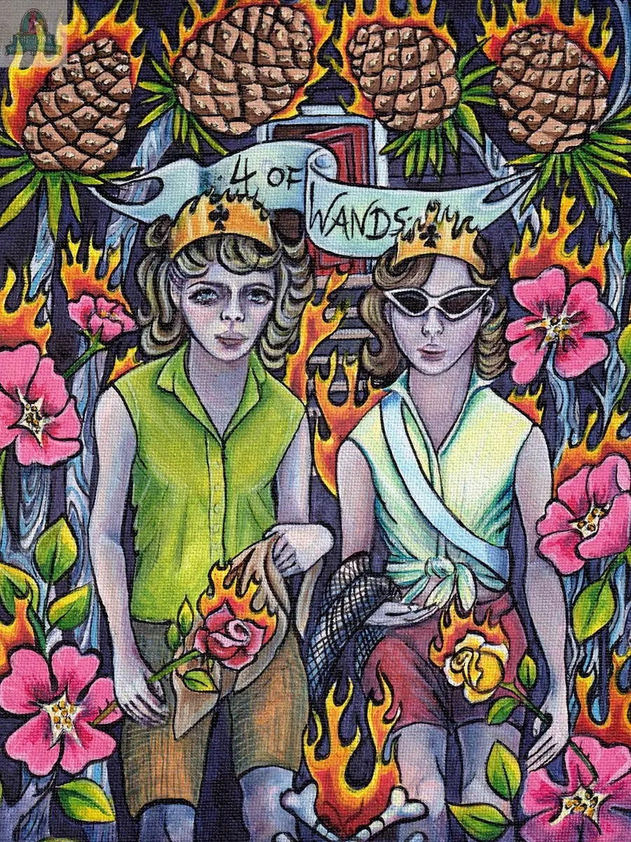 Inspired by the Bonefire Tarot, 2nd Edition by REDFeather, two women sit among pink flowers, pinecones, and flames—one in a “4 of Wands” crown, the other holding a burning rose—with a burning TV in the background of this hand-painted card scene.