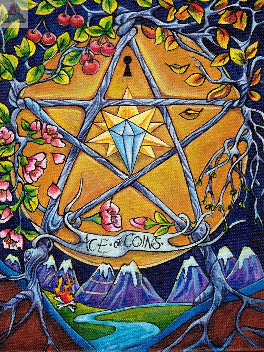 The Bonefire Tarot, 2nd Edition by REDFeather features a vivid Ace of Coins card showing a luminous pentacle, crystal, and star amid flowers, vines, fruit, a keyhole, blue mountains, and a river beneath a golden sky.