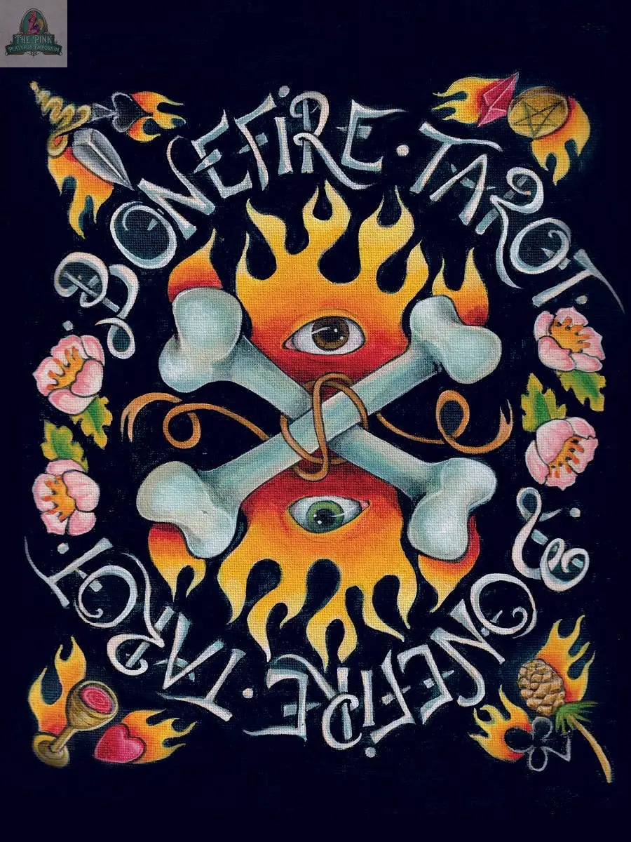 A vibrant, symmetrical card from the Bonefire Tarot, 2nd Edition by REDFeather features crossed bones, all-seeing eyes, flames, hearts, flowers, and mystical symbols on a black background—mirroring the deck’s unique hand-painted style.