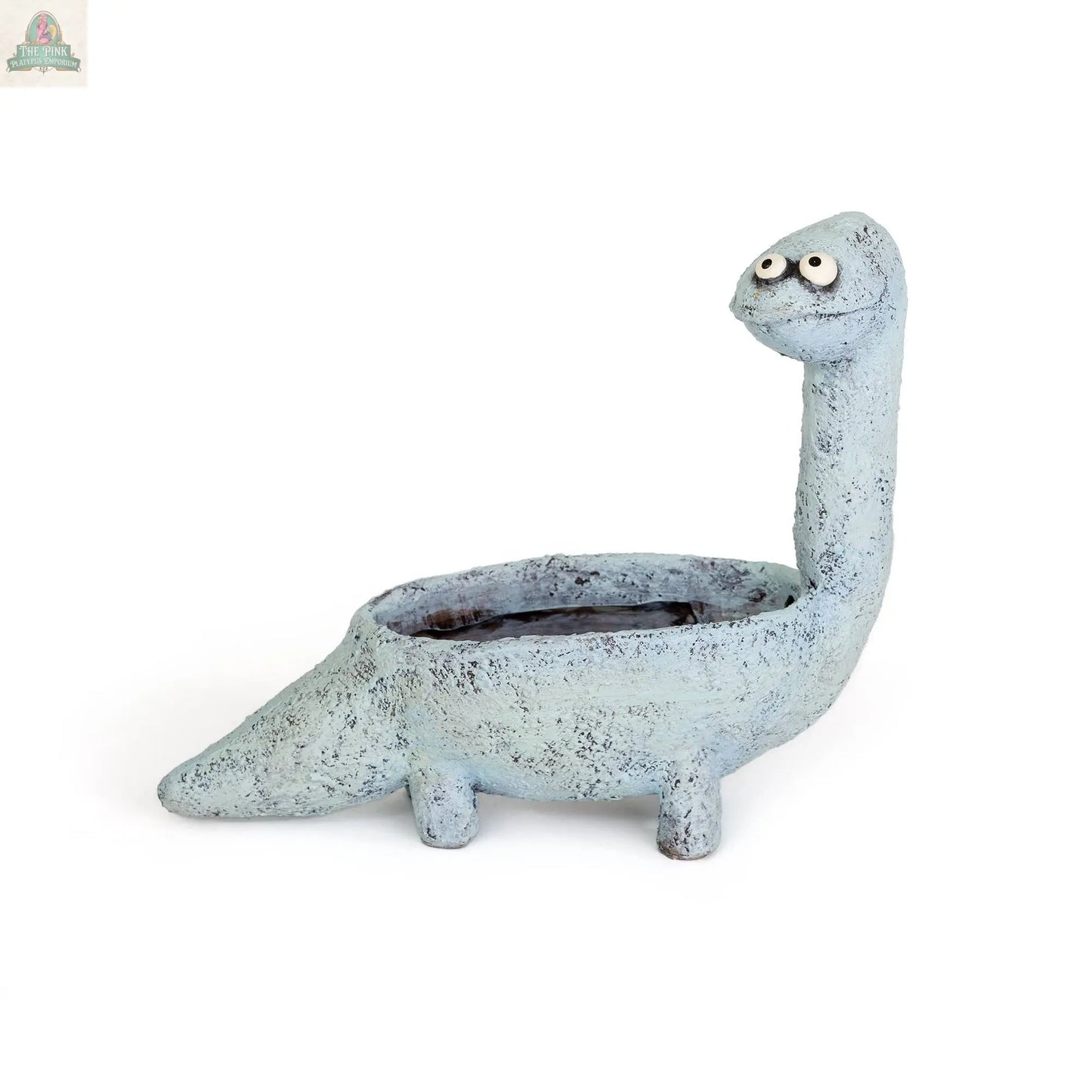 Brock the Brachiosaurus Blobhouse Planter by Blob House Planters is a small, light blue dinosaur planter with a long neck and wide eyes—perfect for succulents.
