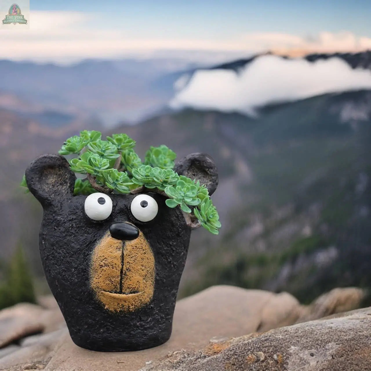 Bruno the Black Bear Head Blobhouse Planter from Blob House Planters displays green succulents on a rock, with mountains and clouds in the background.