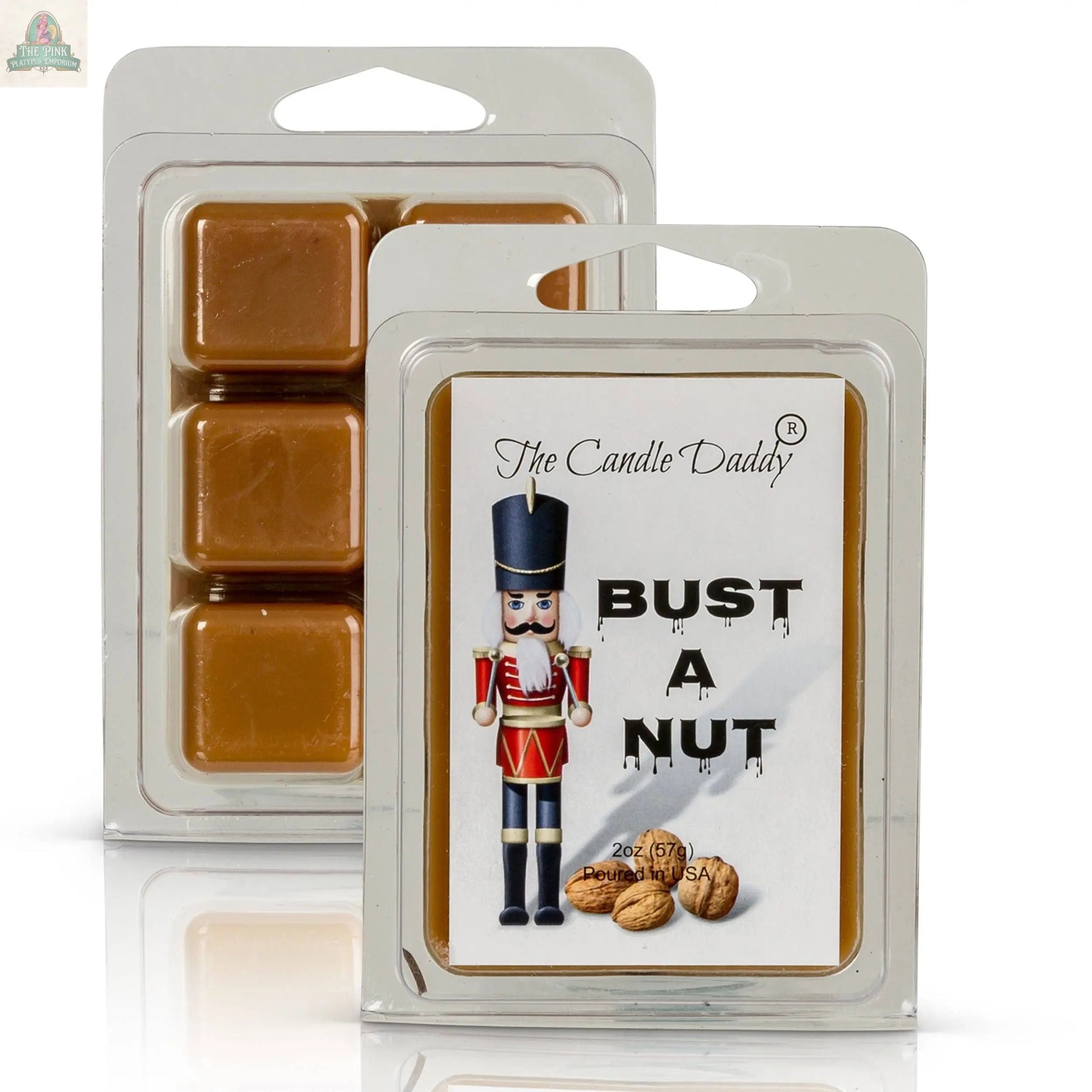 A pack of Candle Daddy’s Bust A Nut – Funny Christmas Banana Nut Bread Scented Wax Melts, with a toy soldier and nuts on the label. Maximum scented melts inside; perfect for banana nut bread fans.