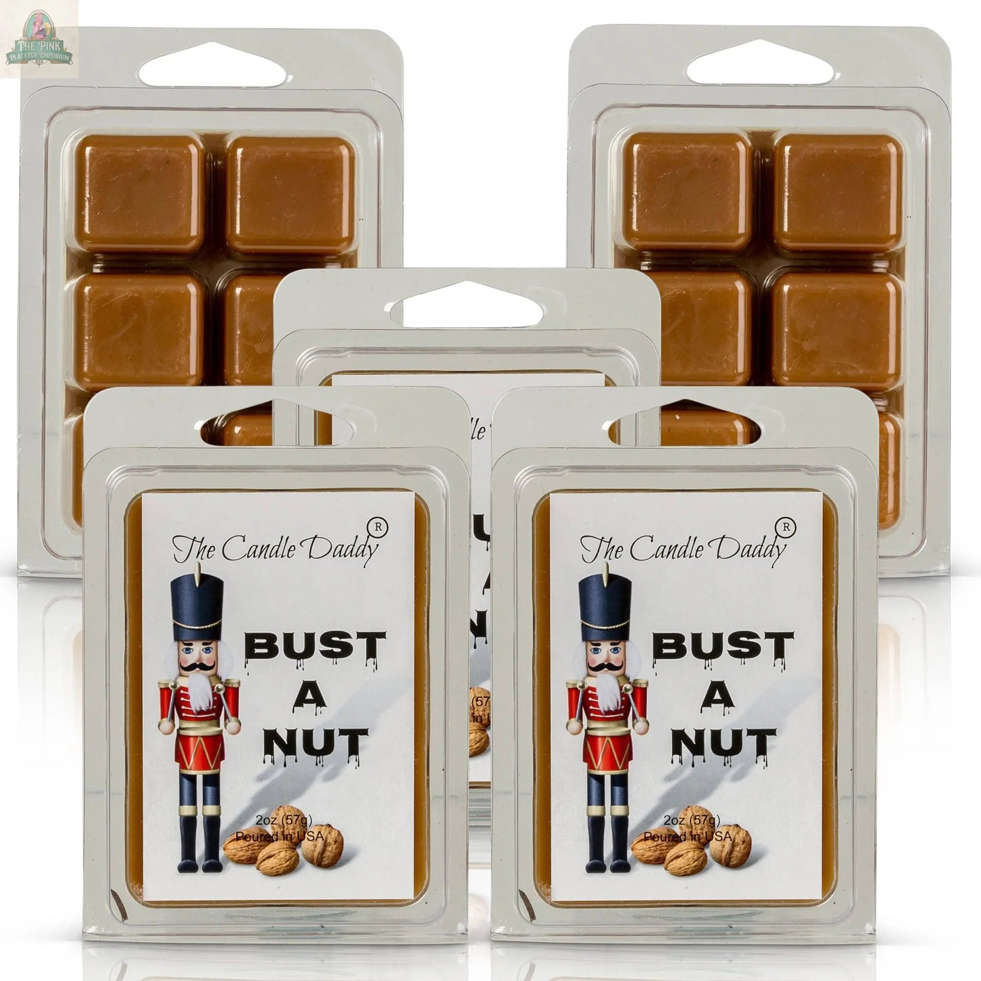A single pack of Bust A Nut – Funny Christmas Banana Nut Bread Scented Wax Melts is shown, featuring a label with a nutcracker illustration and walnuts—ideal for fans of banana nut bread wax melts.