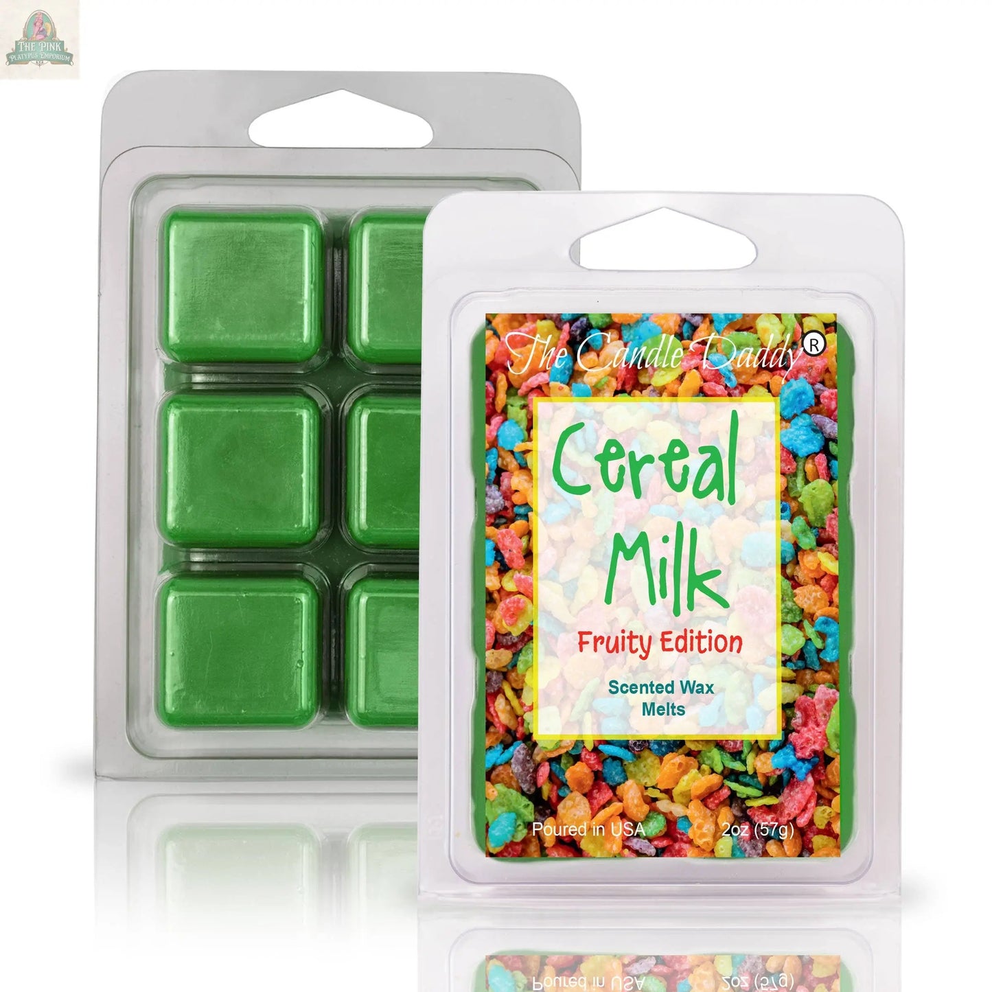 The CEREAL MILK - FRUITY VERSION SCENTED WAX MELT features a colorful cereal-themed package and includes six green wax melt cubes, ideal for aromatherapy.