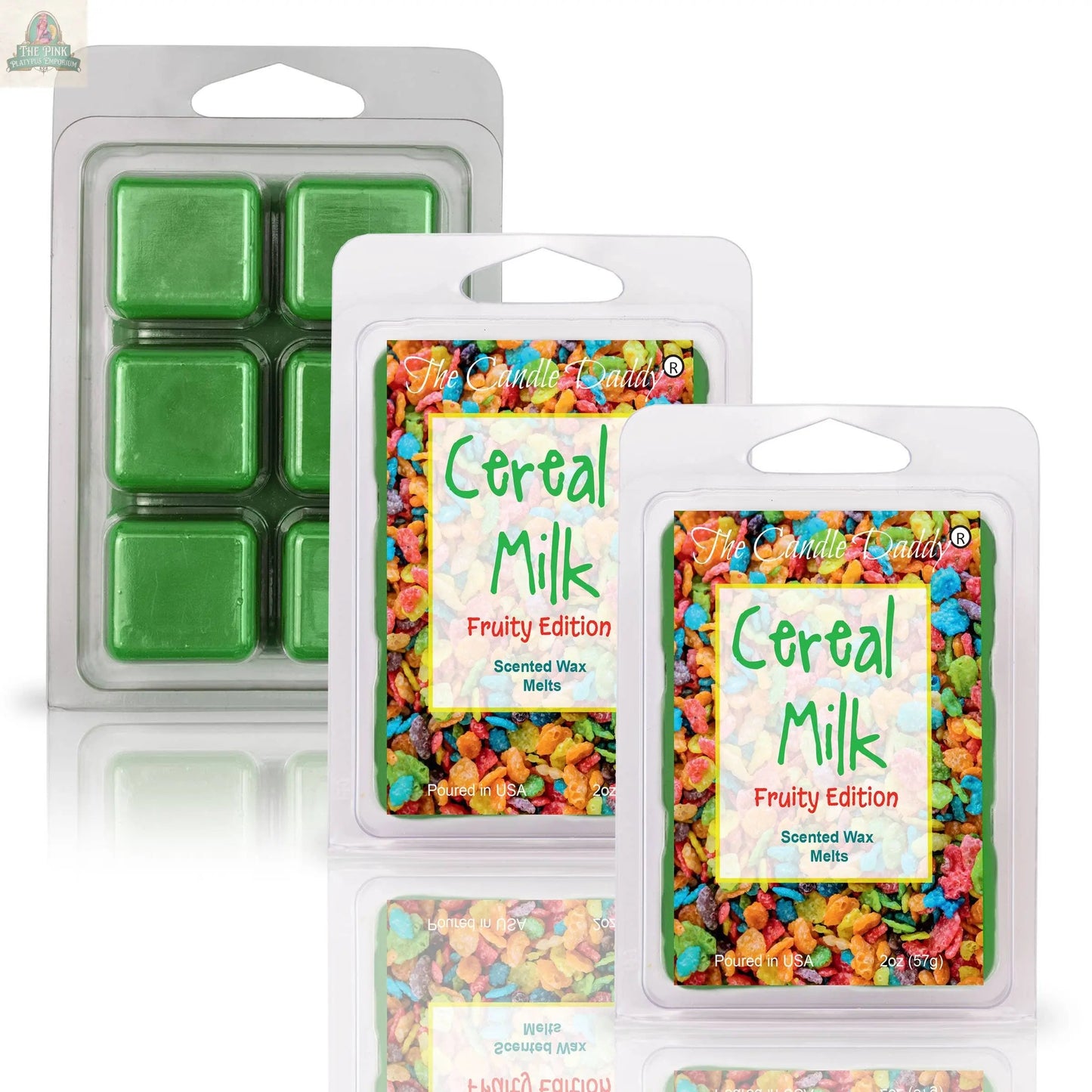 Two packs of CEREAL MILK - FRUITY VERSION SCENTED WAX MELT, featuring colorful cereal graphics, are displayed with an open clamshell of six green wax cubes, ideal for aromatherapy and creating a nostalgic fragrance in any space.