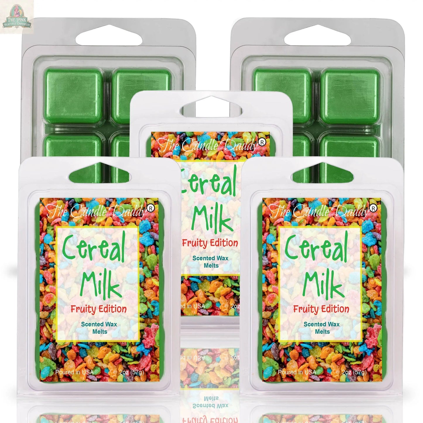 Three CEREAL MILK - FRUITY VERSION SCENTED WAX MELT packages with colorful cereal graphics are displayed in front, while two open packs of green, strongly scented wax melts appear in the background.