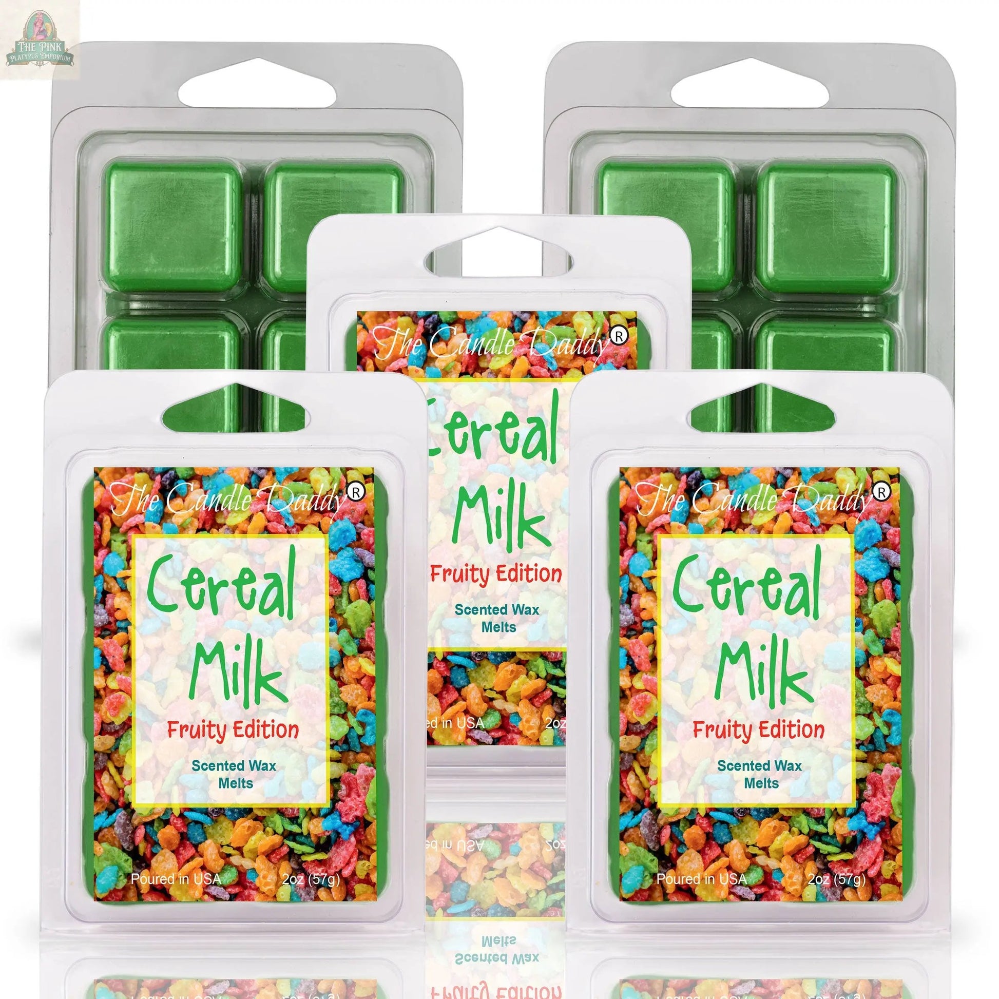 Three CEREAL MILK - FRUITY VERSION SCENTED WAX MELT packages with colorful cereal graphics are displayed in front, while two open packs of green, strongly scented wax melts appear in the background.