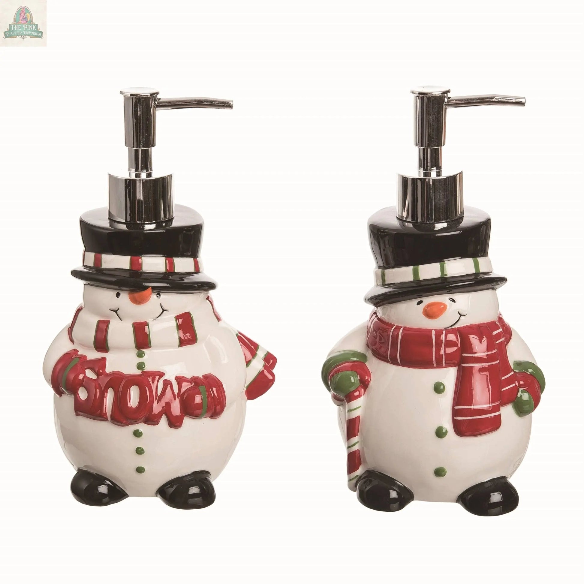 Christmas Ceramic Snowman Soap Dispensers—one holds a red snow sign and wears a striped scarf, the other a candy cane and red scarf—both with black top hats and festive colors to brighten your holiday décor.