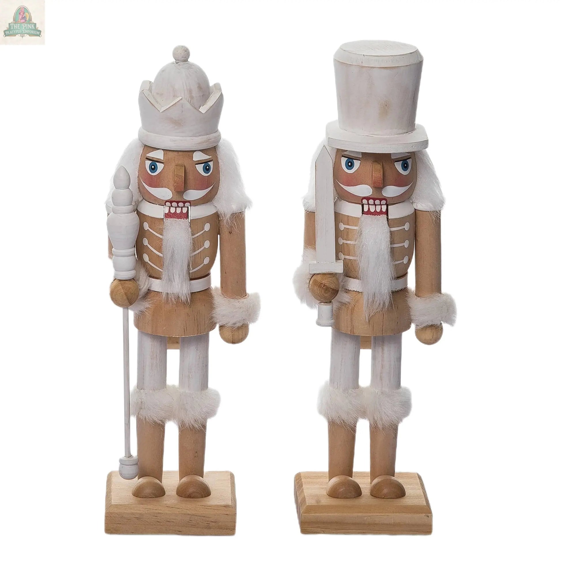 The Transpac Christmas Medium Wood White Rustic Nutcracker Set of 2 features wooden nutcrackers in white and beige with faux fur trim—one with a staff and crown, the other with a tall hat—ideal for rustic holiday decor or gifting.