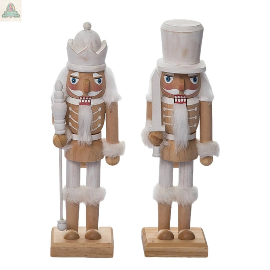 The Transpac Christmas Medium Wood White Rustic Nutcracker Set of 2 features wooden nutcrackers in white and beige with faux fur trim—one with a staff and crown, the other with a tall hat—ideal for rustic holiday decor or gifting.