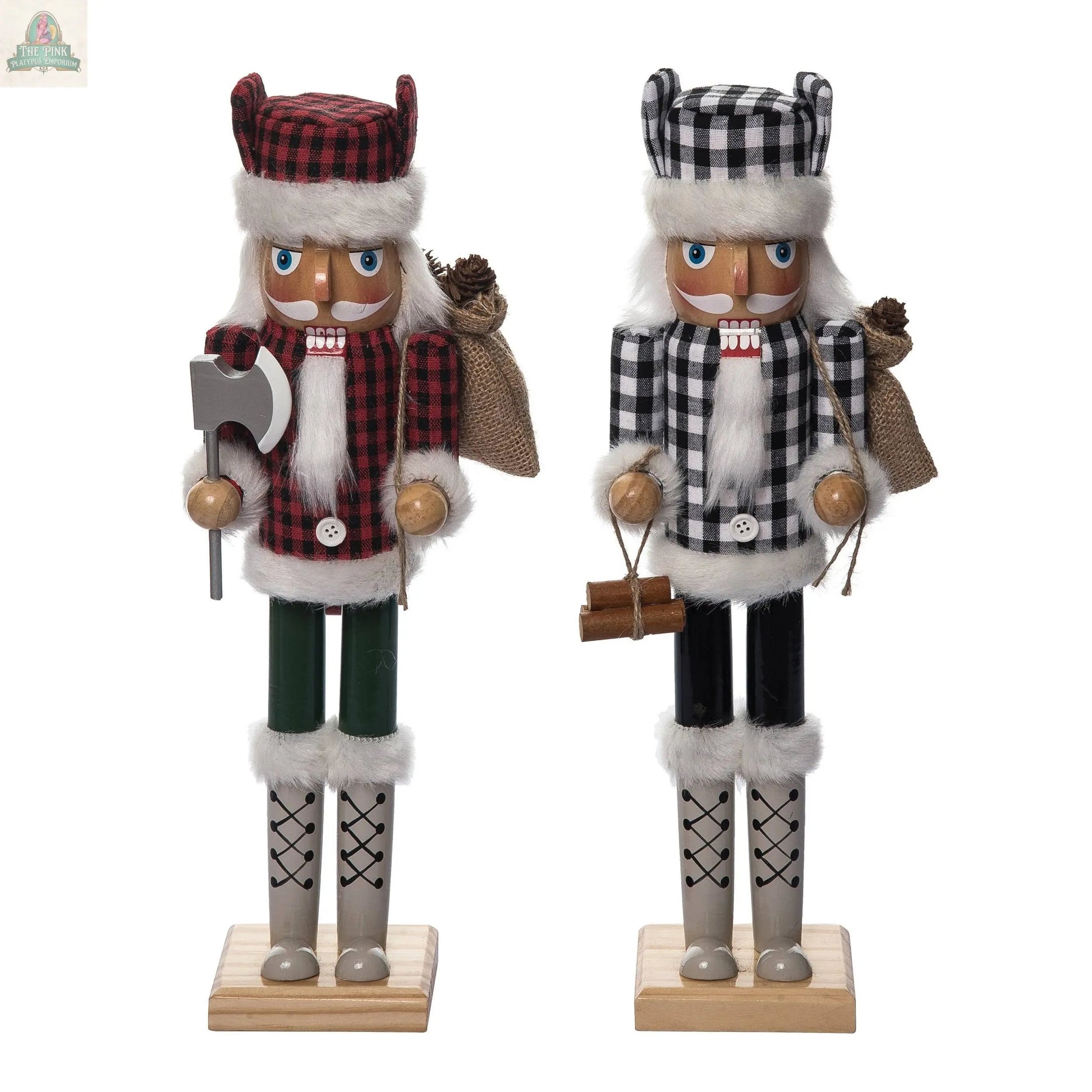 Transpac’s Christmas Wood Buffalo Check Nutcracker Set of 2 features wooden nutcrackers in red/black and black/white plaid hats and jackets, each holding an axe or logs with a burlap sack—ideal festive home décor or holiday gift.