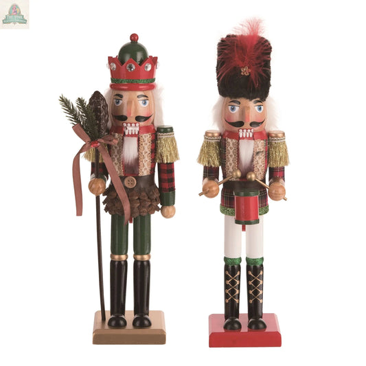 The CLOSEOUT Christmas Wood Plaid Nutcracker Figurine Set of 2 features festive wooden nutcrackers in colorful plaid uniforms—perfect for holiday décor or as a charming seasonal gift.