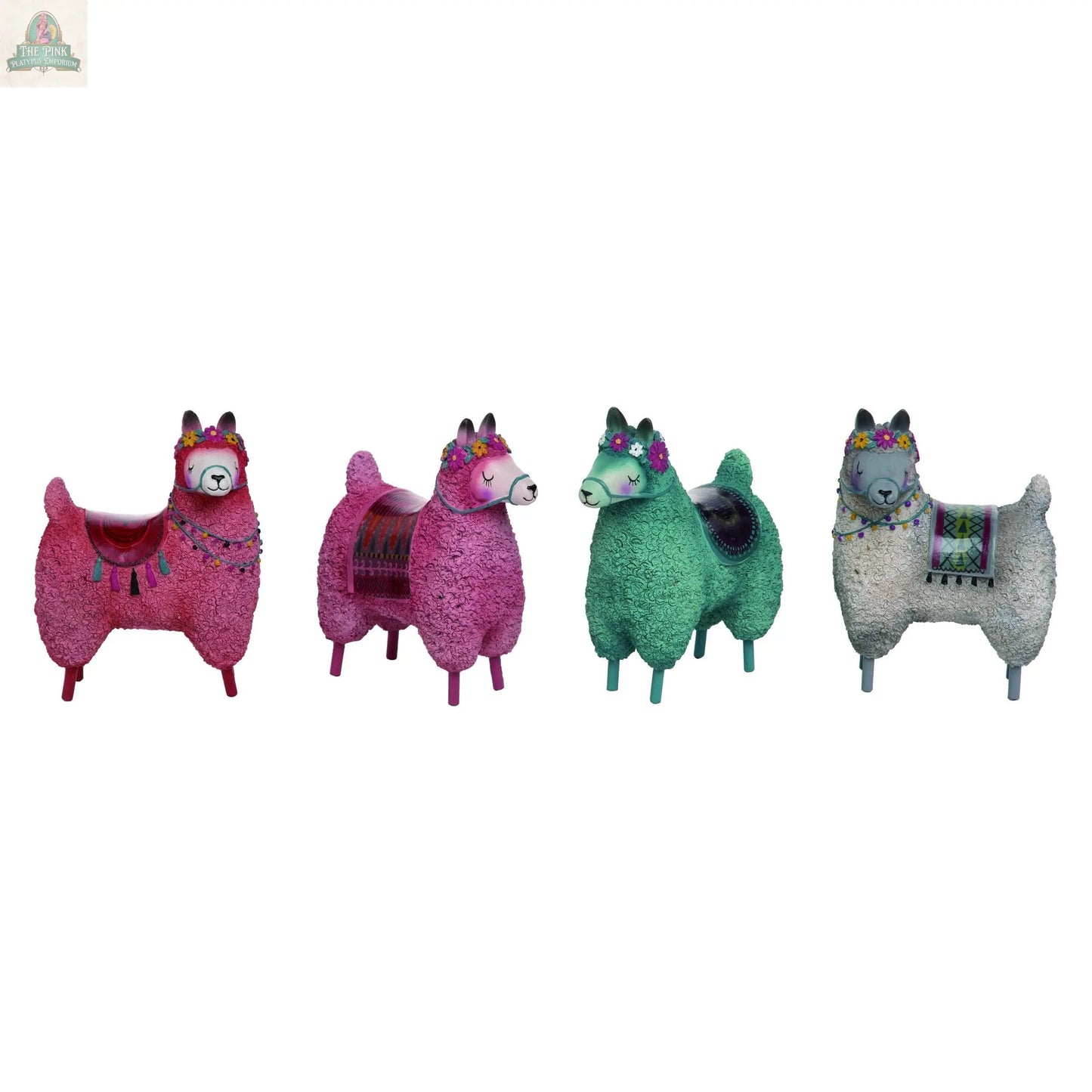 The Transpac Resin 6.5" Spring Llama Figurines, each adorned with festive accessories and blankets, line up on a white background—a vibrant and playful home decor accent perfect for spring.