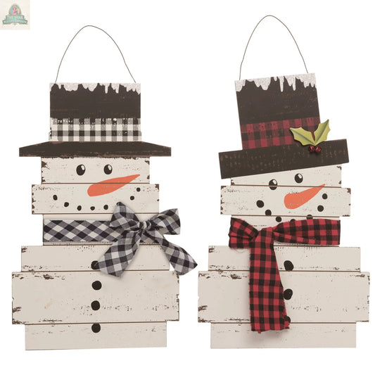 The CLOSEOUT Rustic MDF Snowman Figurines Set of 2 Christmas features two wooden snowmen with plaid scarves, checkered hats, holly accents, and festive patterns—perfect for adding cozy, charming holiday decor to your home.
