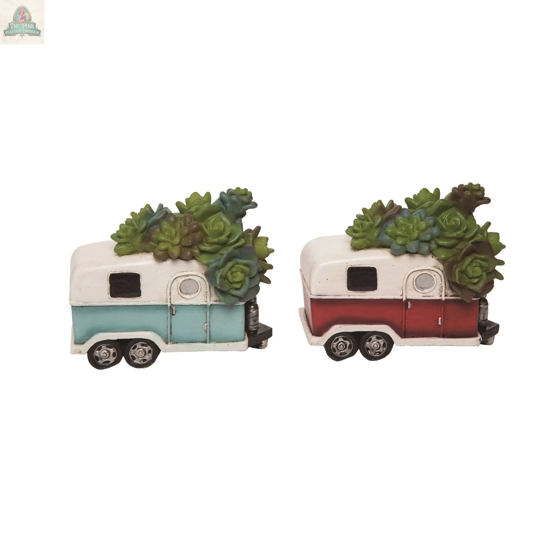 Two Multicolored Resin Camper Succulents, one blue and one red with green faux plants, sit side by side on a white background—perfect for charming home decor accents.