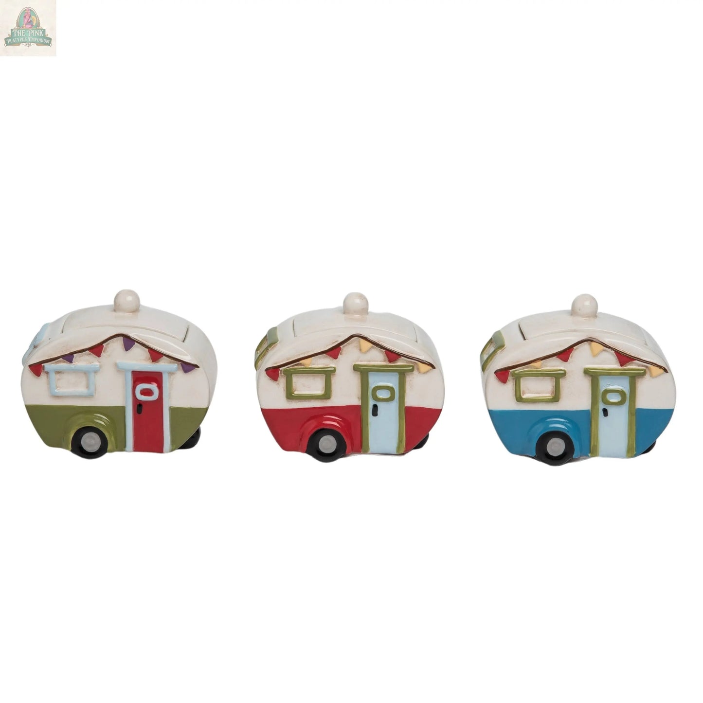 Three Ceramic Camper Containers with Lids—green and red, red and white, and blue and white—are displayed side by side against a white background, adding a playful, retro touch to your spring home decor.