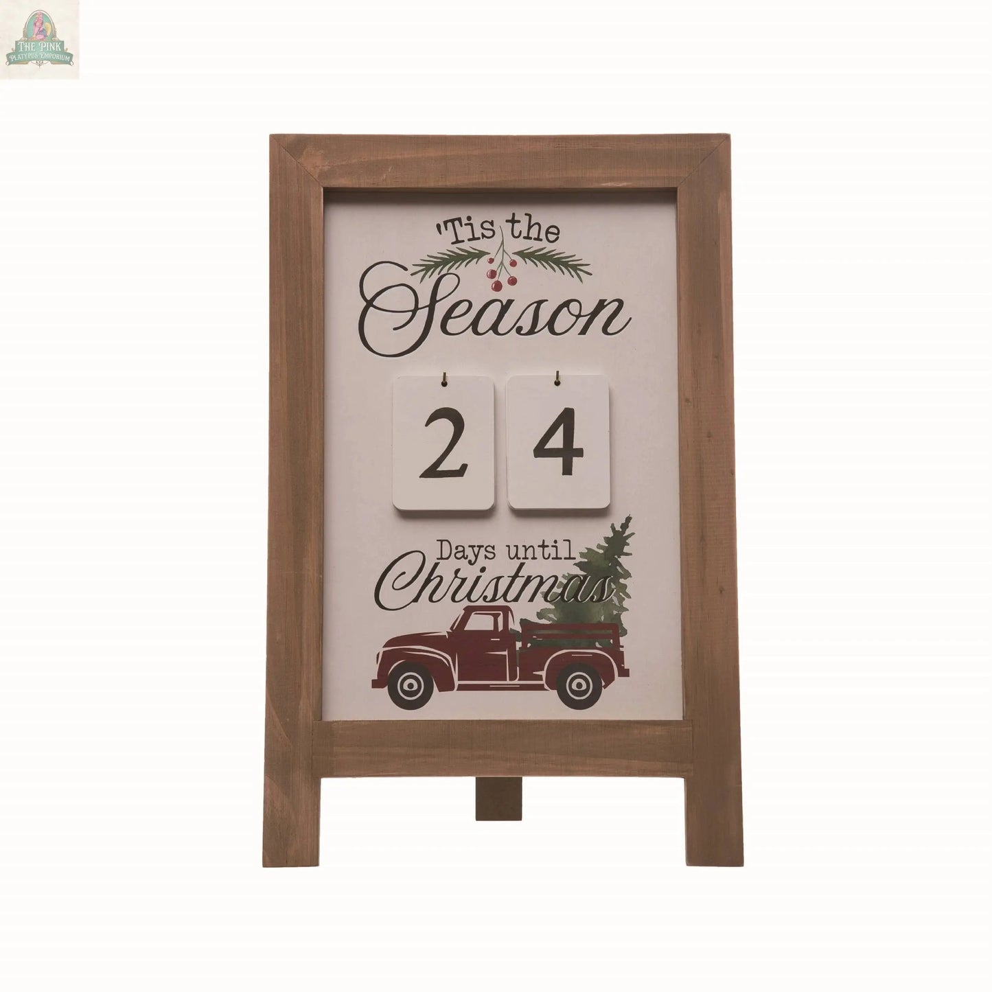 The Wood Christmas Tis The Season Countdown is a rustic advent sign with "Tis the Season," a red truck with a tree, and number blocks—an ideal wooden countdown calendar for festive Christmas home decor.
