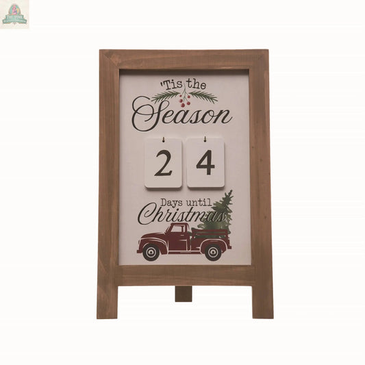 The Wood Christmas Tis The Season Countdown is a rustic advent sign with "Tis the Season," a red truck with a tree, and number blocks—an ideal wooden countdown calendar for festive Christmas home decor.