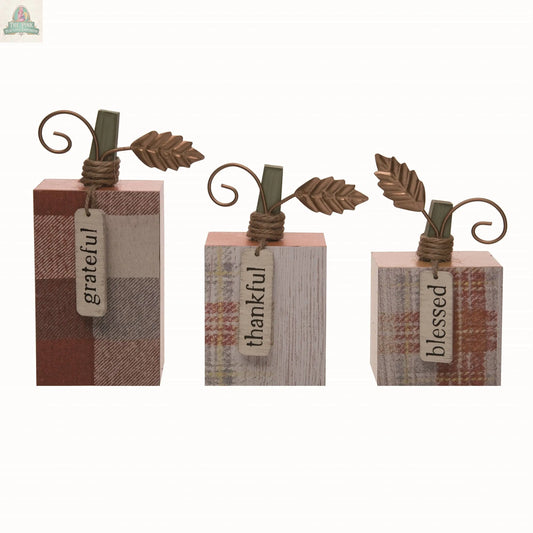 CLOSEOUT Wood Harvest Simply Thankful Pumpkins Set 3: Multicolor / 90% MDF; 5% PAPER; 3% METAL; 2% JUTE Pink Platypus Emporium
