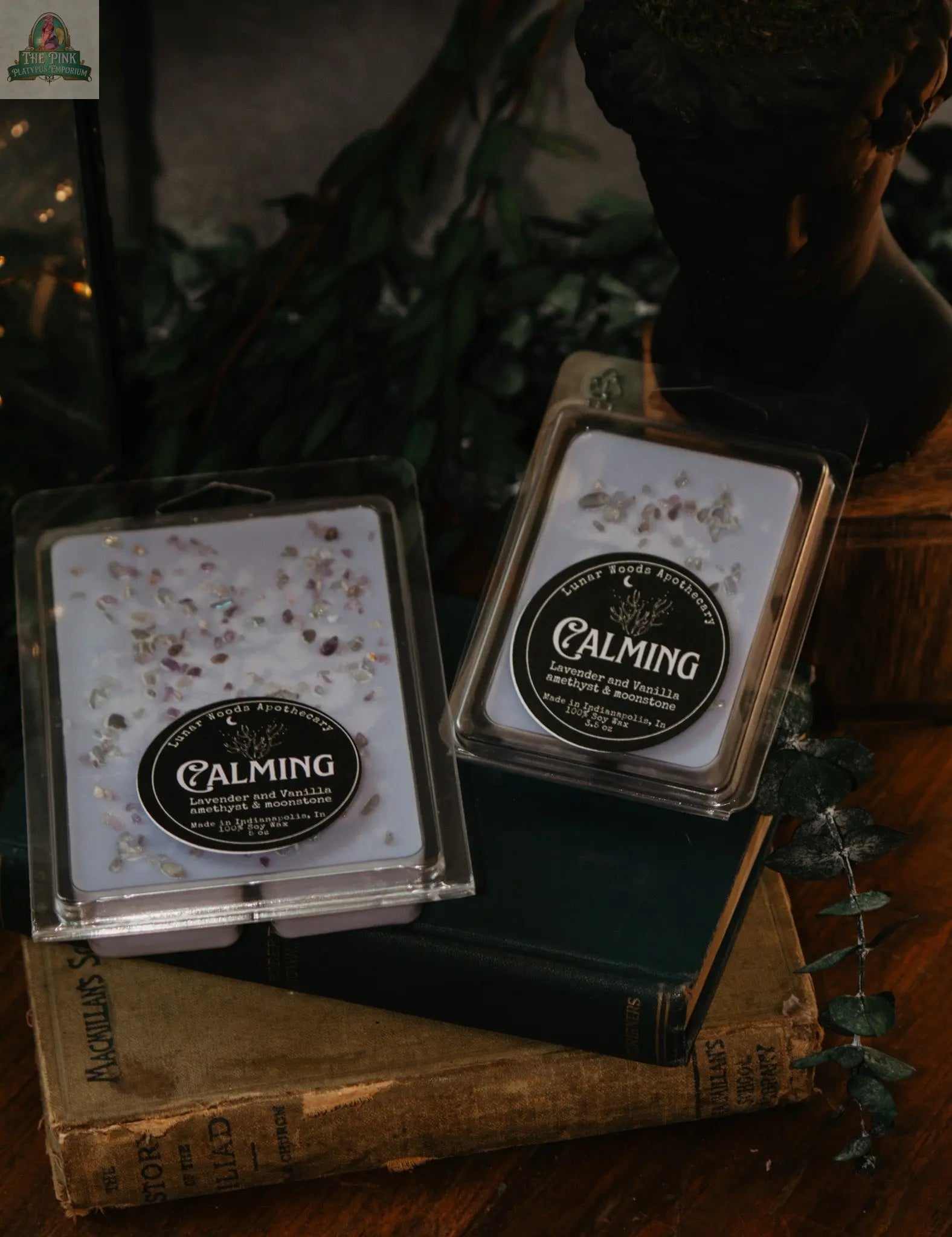 Two packs of Calming — Witchy Wax Melts in soothing lavender vanilla scent rest on vintage books, surrounded by greenery and a dark bust—perfect for your wax warmer in any cozy, moody space.