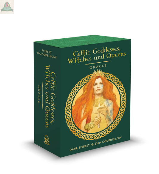 The Celtic Goddesses, Witches, and Queens Oracle by REDFeather comes in a green box with gold text and a Celtic mythology-inspired illustration of a red-haired woman in a cream dress framed by a gold circle.