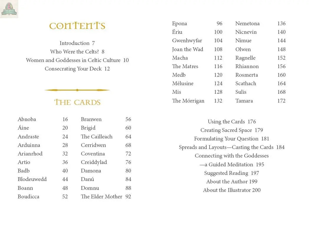 Table of contents for "Celtic Goddesses, Witches, and Queens Oracle" by REDFeather, listing chapters, card names, and page numbers. Beige background with yellow and gold Celtic-inspired text accents.
